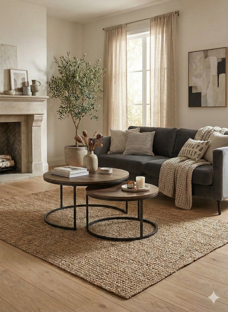 طقم طاولات قهوة مستديرة مكون من قطعتين طاولة متداخلة وطاولة قهوة دائرية  لغرفة المعيشة وأثاث عصري بأسلوب بسيط  وطاولة جانبية - Image 1